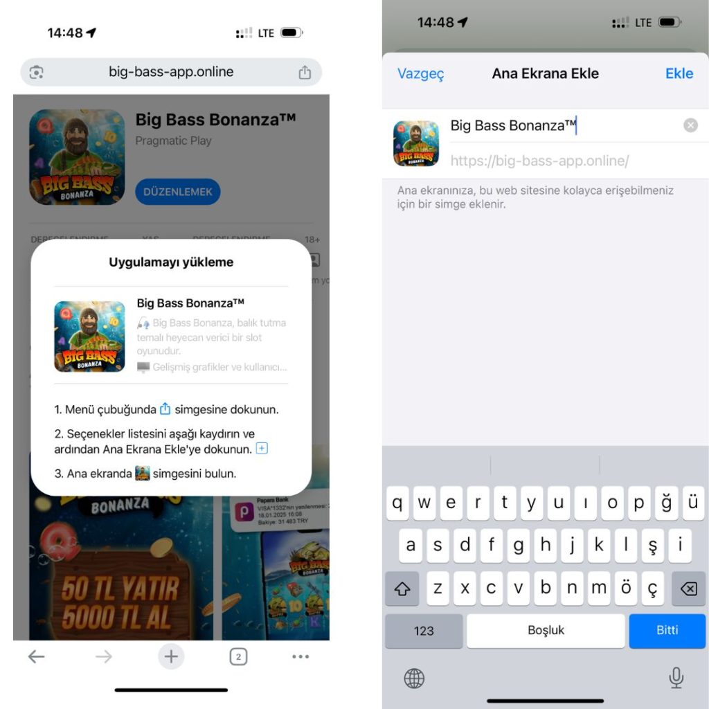 iPhone safari ana ekrana ekle big bass bonanza